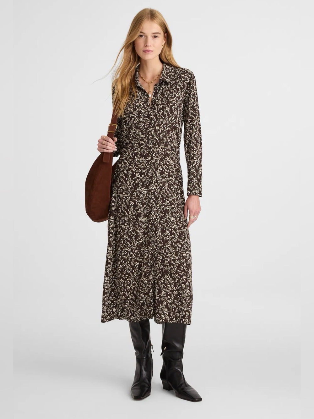 Madewell NW723 Ruched Midi Shirtdress Bridgette Spots Brown NWT Size 6